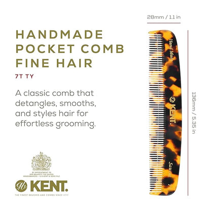 Kent 7T TY Handmade All Fine Tooth Pocket Comb for Men, Hair Comb Straightener for Everyday Grooming Styling Hair, Mustache and Beard, Use Dry or with Balms, Saw Cut and Hand Polished, Made in England