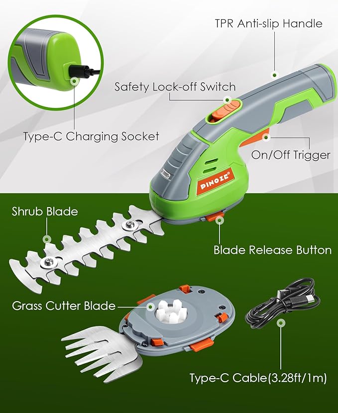 Cordless Grass Shear & Hedge Trimmer - 2 in 1 Handheld 7.2V Small Electric Bush Trimmer, 2.0Ah Rechargeable Battery Powered Shrub Trimmers Grass Cutter for Garden, Yard, Lawn Care - Grey/Green