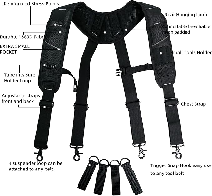 KUNN Tool Belt Suspenders Padded Carpenter Construction Electrician Work Suspender with Attachment Loops for Men,Black