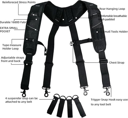 KUNN Tool Belt Suspenders Padded Carpenter Construction Electrician Work Suspender with Attachment Loops for Men,Black