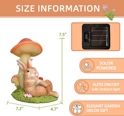Solar Rabbit Garden Statues Outdoor Decor, Solar Garden Decor with Mushroom Lights, Resin Yard Decorations Outdoor for Patio, Porch, Balcony, Lawn Ornaments, Housewarming Birthday Gifts for Mom Women