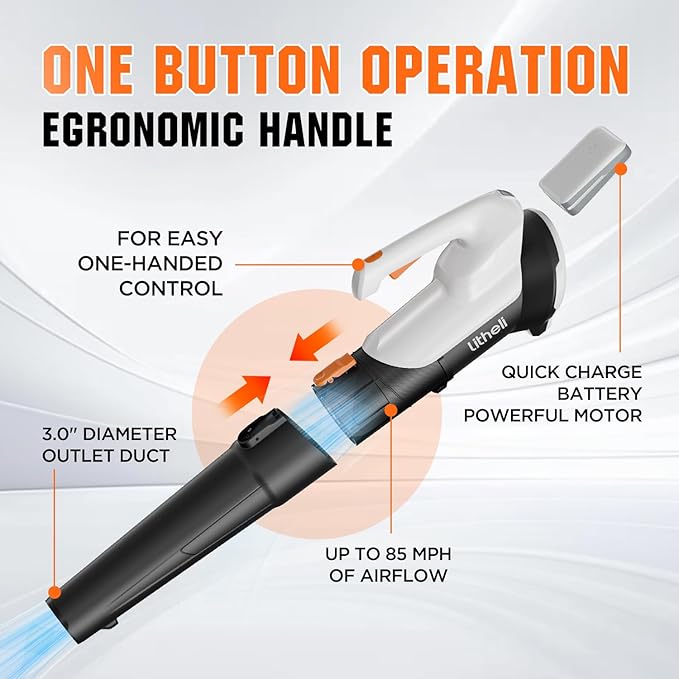 Litheli 20V Cordless Leaf Blower Battery Powered Leaf Blower, 2.0 Ah Battery Lightweight 2 Speed Mode Electric Blowers for Lawn Care, Patio, Snow, Dust, Blowing Leaves