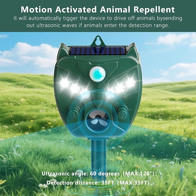 2 Pack 2025 Upgraded Solar Ultrasonic Animal Repellent Outdoor – Motion Activated Deer, Squirrel, Cat, Raccoon, Dog & Bird Deterrent with Multi-Frequency LED Strobe & Ultrasonic Sweep for Yard Lawn