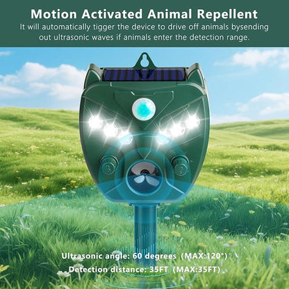 2 Pack 2025 Upgraded Solar Ultrasonic Animal Repellent Outdoor – Motion Activated Deer, Squirrel, Cat, Raccoon, Dog & Bird Deterrent with Multi-Frequency LED Strobe & Ultrasonic Sweep for Yard Lawn
