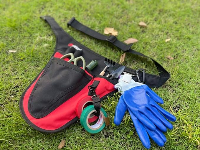 KUNN Garden Tool Belt,Durable Adjustable Tool Belt Waist Pouch with 4 Pocket for Women Men Gardeners Florist Red