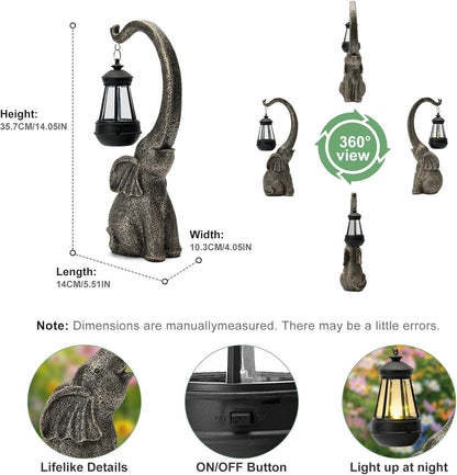 Solar Garden Elephant Decor Outdoor Statue - Elephant with LED Waterproof Sculptures Lights, Pond/Yard Statues Outside Decoration, Home, Lawn, Patio, Resin Animal Ornament, Gardening Gift