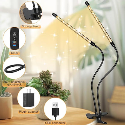 LED Grow Lights (2 Packs), 2 Heads Red Blue White Full Spectrum Plant Light with Clamp for Indoor Plants & Seed Starting, 10-Level Dimmable, Auto On Off, Timing 4 6 12Hrs