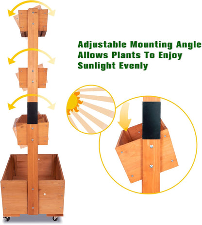 Wooden Elevated Garden Bed, Vertical 4-Storey Wooden Flowerpot Box with Wheels, Adjustable Flowerpot Box, Suitable for Outdoor and Indoor Balconies, Vanilla Garden Gardening Vegetables