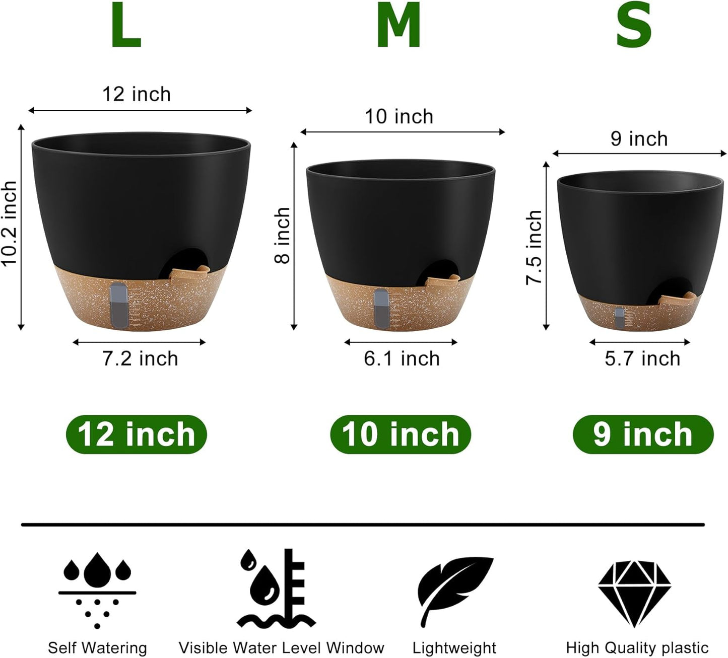 Self-Watering Plant Pots with Water Level Indicator, Drainage Holes & Saucers – 12/10/9 Inch Large Plastic Planter Set for Indoor & Outdoor Plants(Black)