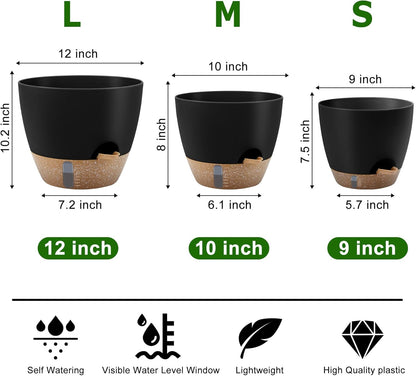 Self-Watering Plant Pots with Water Level Indicator, Drainage Holes & Saucers – 12/10/9 Inch Large Plastic Planter Set for Indoor & Outdoor Plants(Black)