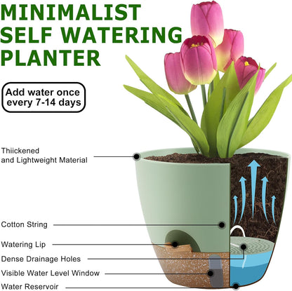 Self-Watering Plant Pots with Water Level Indicator, Drainage Holes & Saucers – 12/10/9 Inch Large Plastic Planter Set for Indoor & Outdoor Plants (Green)
