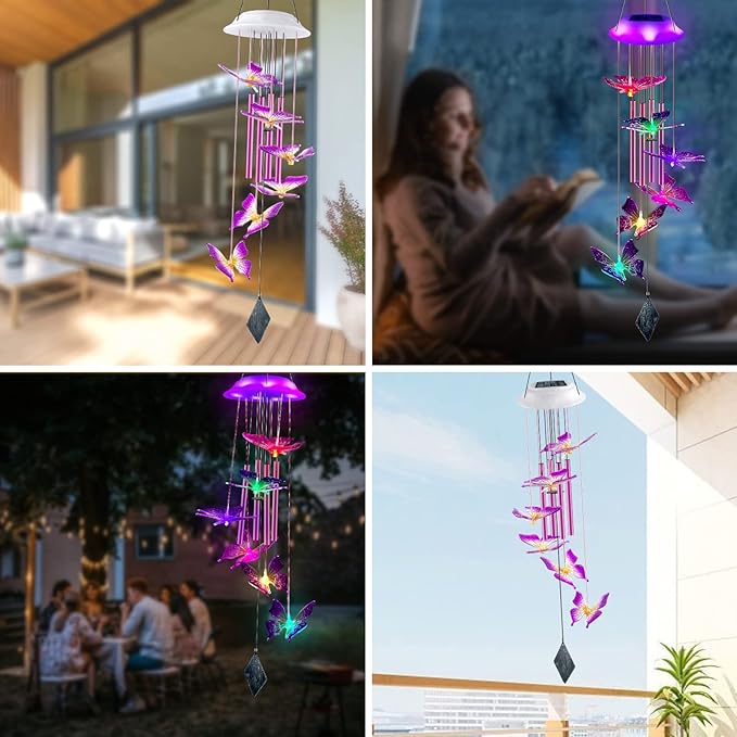 Solar Butterfly Wind Chimes, Gifts for Mom Women, Glowing Top Changing Colors LED Wind Chime for Outside with 4 Iron Tubes, Outdoor Decor Mobile for Garden Yard (Purple)