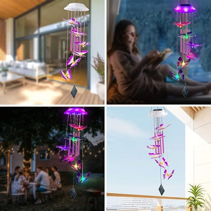 Solar Butterfly Wind Chimes, Gifts for Mom Women, Glowing Top Changing Colors LED Wind Chime for Outside with 4 Iron Tubes, Outdoor Decor Mobile for Garden Yard (Purple)