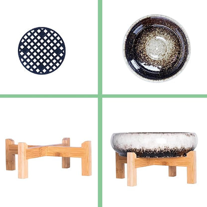 ARTKETTY Succulent Pots - 10 Inch Large Ceramic Bonsai Pots with Drainage Stand for Indoor Plants Shallow Planters Decorative Cactus Flower Plant Container Bowl