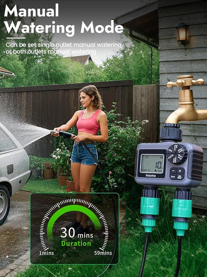 Insoma 2-Zone Sprinkler Timer, Programmable Garden Hose Timer with Auto/Manual/Rain Delay Modes | Water-Saving Irrigation Controller for Lawn, Yard & Drip Systems | Waterproof Design & Easy Setup