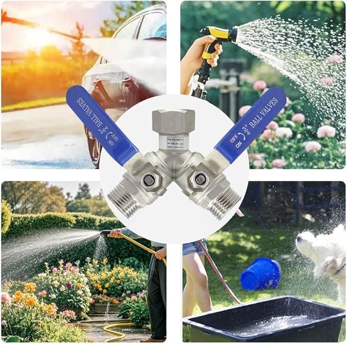 Garden Hose Splitter 2 Way Heavy Duty Valve, 304 Stainless Steel 3/4" GHT Thread Full Flow Y Valve with Long Handle