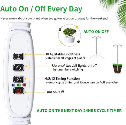 Grow Lights for Indoor Plants Full Spectrum with Detachable Tripod Stand, 10-55 Inches Height Adjustable Aluminum Alloy Indoor Plant Grow Lamp with Auto On/Off Timer Function