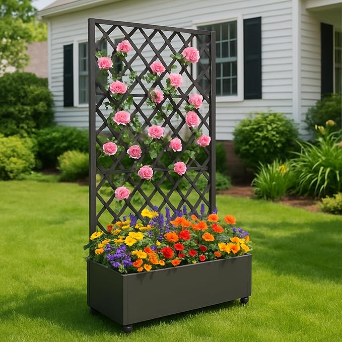 Metal Planter Box with Diamond Lattice Trellis - 72"x47" Galvanized Raised Garden Bed on Wheels for Climbing Plants and Vines, Black Finish