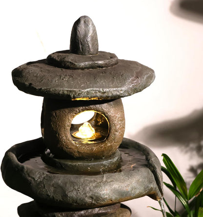 28" H Imitation Rock Pagoda Design Outdoor&Indoor Cascading Water Fountain, Natural Zen Decor Waterfall with LED Lights - Suitable for Garden/Patio/Yard/Deck/Balcony and Home Art Decor （Resin）
