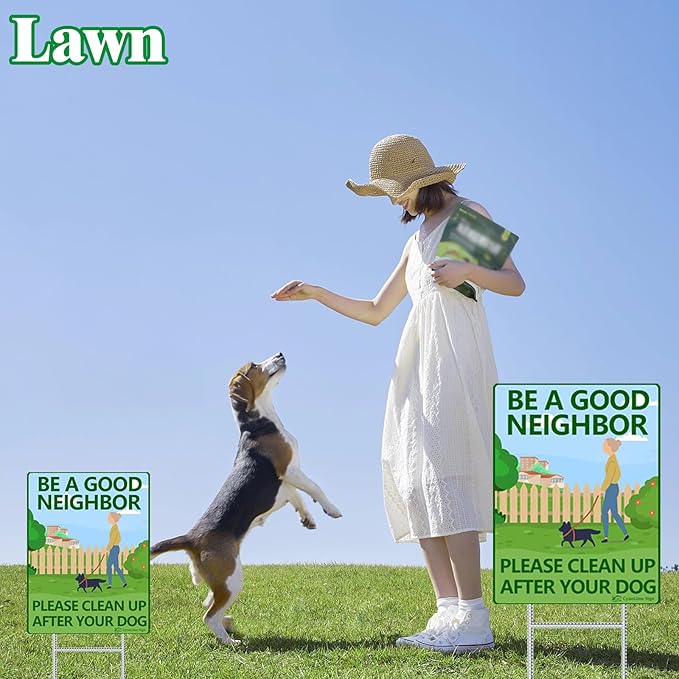 Clean Up After Your Dog Signs for Yard 2 Pack - 12.6x9.5Inches No Dogs Poop Sign with Metal Stake Sturdy, BE A GOOD NEIGHBOR Dog Pooping Signs for Lawn, Pick Up After Your Outdoor Pooch