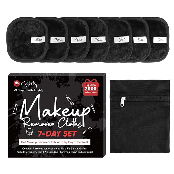 Orighty Makeup Remover Cloths 7-Day Set, Premium & Reusable Makeup Remover Pads, Erase Make-up With Just Water, Make-up Set For Eyes, Lips, Foundation and more, Ideal Choice For Women (Black)