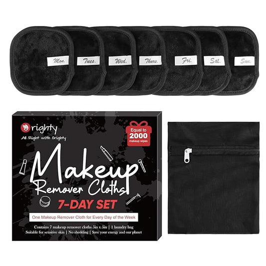 Orighty Makeup Remover Cloths 7-Day Set, Premium & Reusable Makeup Remover Pads, Erase Make-up With Just Water, Make-up Set For Eyes, Lips, Foundation and more, Ideal Choice For Women (Black)