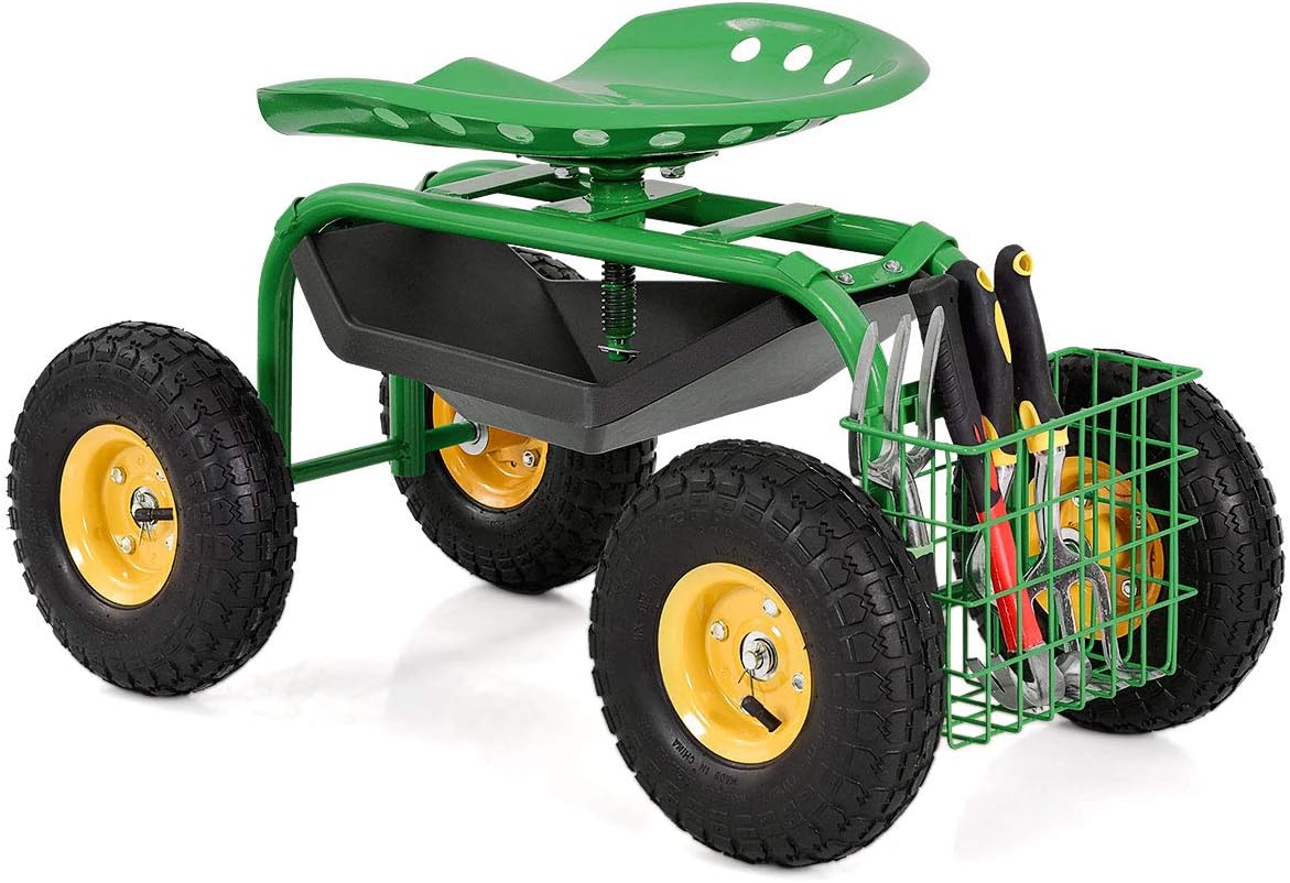 IRONMAX Garden Cart with Seat, Heavy Duty Gardening Work Stools w/Height Adjustable Seat & 10’’ Large Wheels, Rolling Garden Scooter for Outdoor Lawn Yard Planting