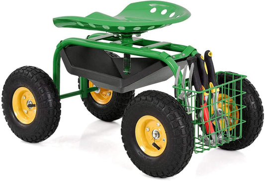 IRONMAX Garden Cart with Seat, Heavy Duty Gardening Work Stools w/Height Adjustable Seat & 10’’ Large Wheels, Rolling Garden Scooter for Outdoor Lawn Yard Planting