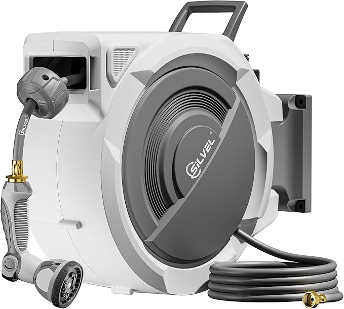 SILVEL Retractable Garden Hose Reel – 5/8 in x 75FT Heavy Duty Automatic Hose Reel Wall Mounted, Upgraded UV Resistant with 10 Pattern Nozzle, Any Length Lock & Slow Return System, 180°Swivel Bracket