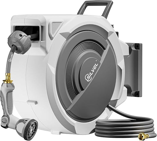 SILVEL Retractable Garden Hose Reel – 5/8 in x 75FT Heavy Duty Automatic Hose Reel Wall Mounted, Upgraded UV Resistant with 10 Pattern Nozzle, Any Length Lock & Slow Return System, 180°Swivel Bracket