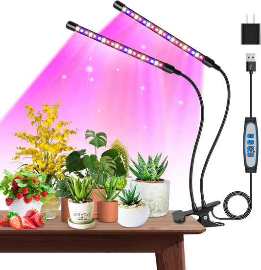 Grow Lights for Indoor Plants, Garpsen Grow Light with Red Blue Full Spectrum, 2 Heads Clip 40 LEDs Plant Light for Indoor Plants, 3 Switch Modes & Auto ON/Off, 6 12 16H Timer, 5 Dimmable Levels