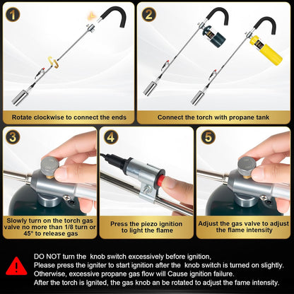 Propane Torch Weed Burner, 35" Long Arm Weed Torch Include a Weed Rake, Fire Starter, Charcoal Starter, Blow Torch with Flame Control and Igniter for Roof, Wood, Ice, Snow (Tank not included)