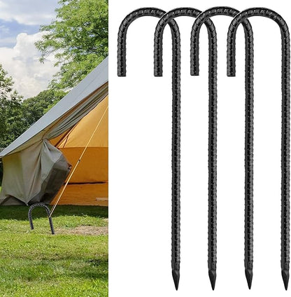 Black Rebar Stakes 12inx6mm Galvanized J Hook 4pcs – Heavy Duty Ground Tent Stakes for Fence,Bounce House,Outdoor Plants,Artificial Turf,Dog Coop,Metal Stakes for Christmas Decorations