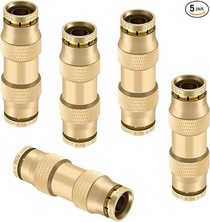 1/4" Quick Push to Connect Fittings Brass Union Straight Joint DOT Approved 1/4 inch tube OD Air Line Adapter Air Spring Suspension Kit for Car Truck Trailers and Air Brake System 5pcs