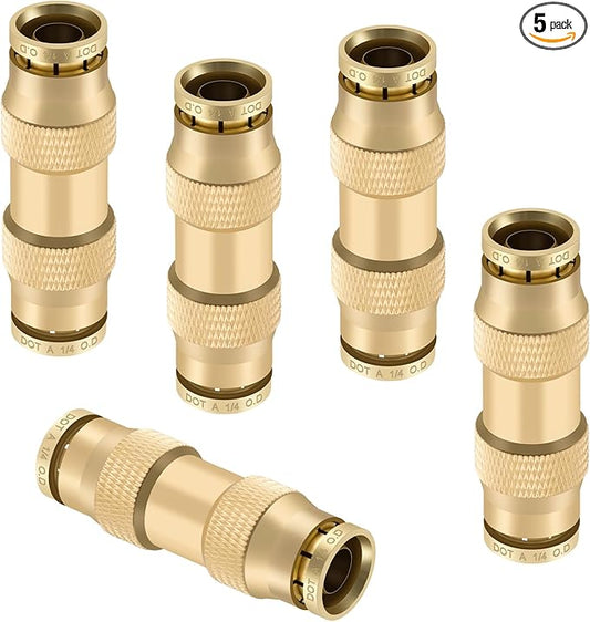 1/4" Quick Push to Connect Fittings Brass Union Straight Joint DOT Approved 1/4 inch tube OD Air Line Adapter Air Spring Suspension Kit for Car Truck Trailers and Air Brake System 5pcs