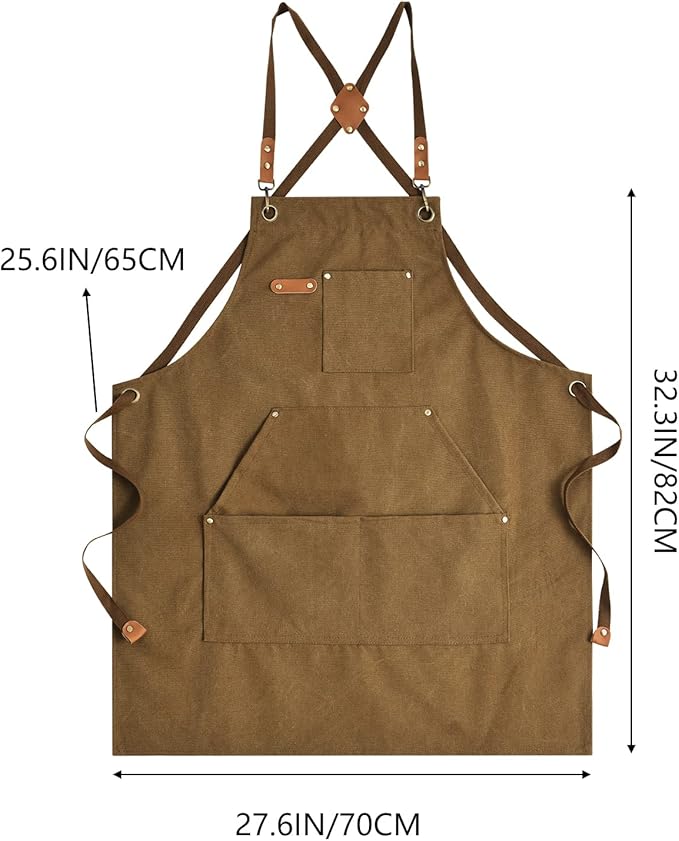 Canvas Aprons for Men Chef Apron, Work Apron with Large Pockets - 16oz Heavy Duty Cross Back, BBQ, Cooking