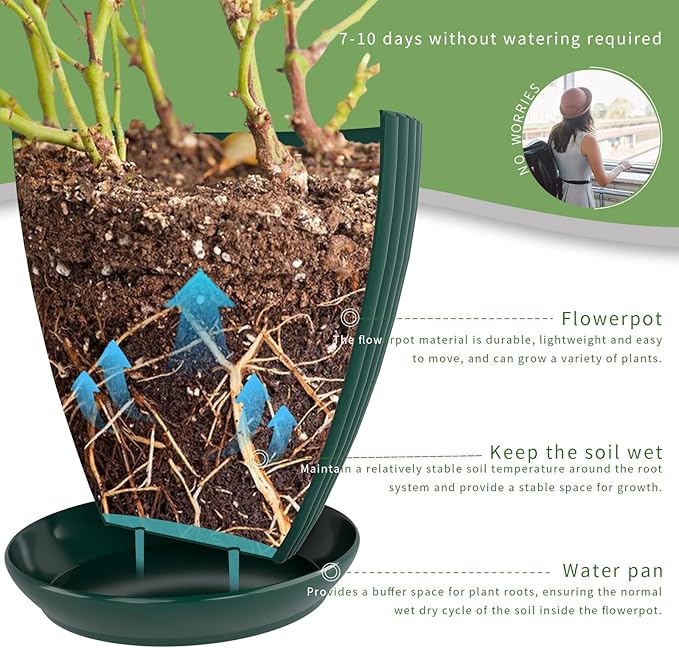 Plant Pots Indoor with Saucers & Drainage - 6 Pack Flower Pots - Plastic Planters for Indoor Planter - 7.5/6.6/5.8/5.0/4.3/3.5 inches Sizes for All Different Types of Plants-Dark Green