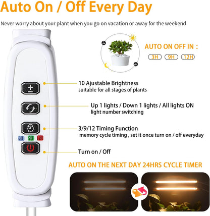 Two Strip Growing Lamp for Indoor Plants, 3500K Full Spectrum LED Grow Light Strips with Auto ON/Off 3/9/12H Timer & 10 Dimmable Levels for Green House Succulent (2 Headx2 Pack)