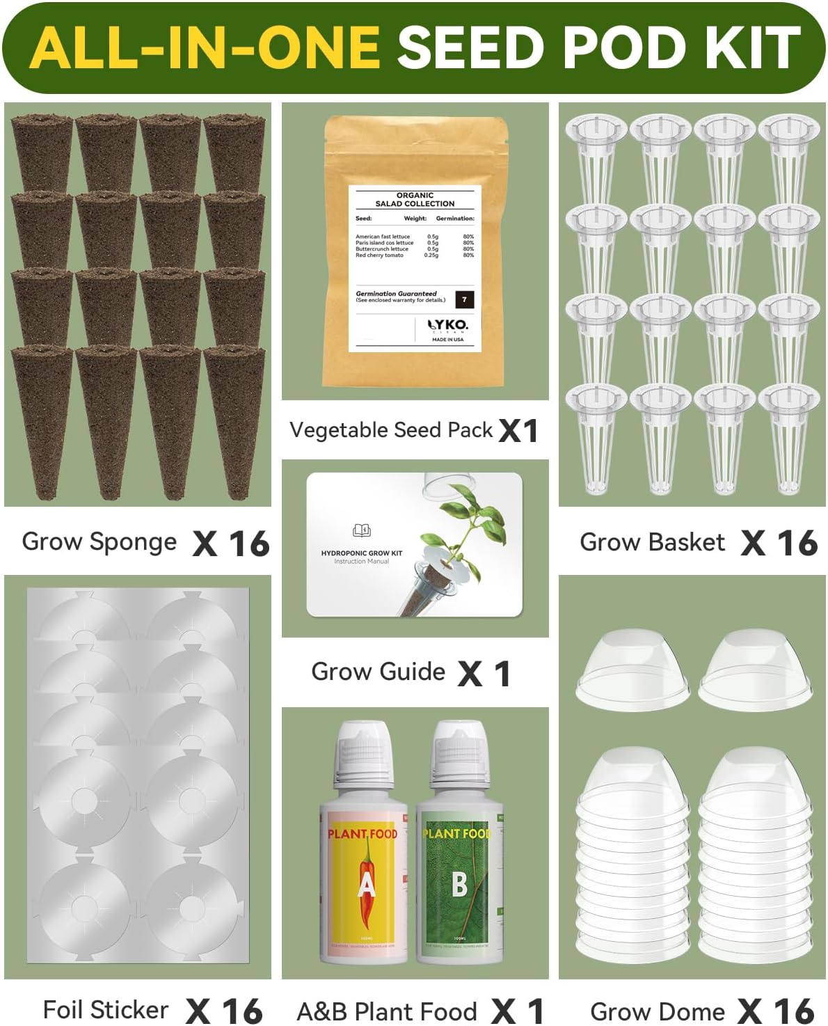 LYKOCLEAN Vegetable & Salad Green Seed Pod Kit for Aerogarden, (16 Pods) Ahopegarden, iDOO – Non-GMO American Fast Lettuce, Green Pepper, Cucumber, Parsley Seeds, Compatible with All Hydroponic System
