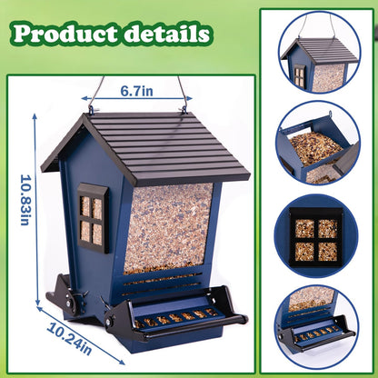 LSCQYYCC-Bird Feeder Squirrel Proof Metal Hanging for Outdoor Wild Bird Seed, with Bilateral Weight-Activated Perches, Large Feeder That Attracts Cardinals, Chickadees, and More Birds-One in Blue