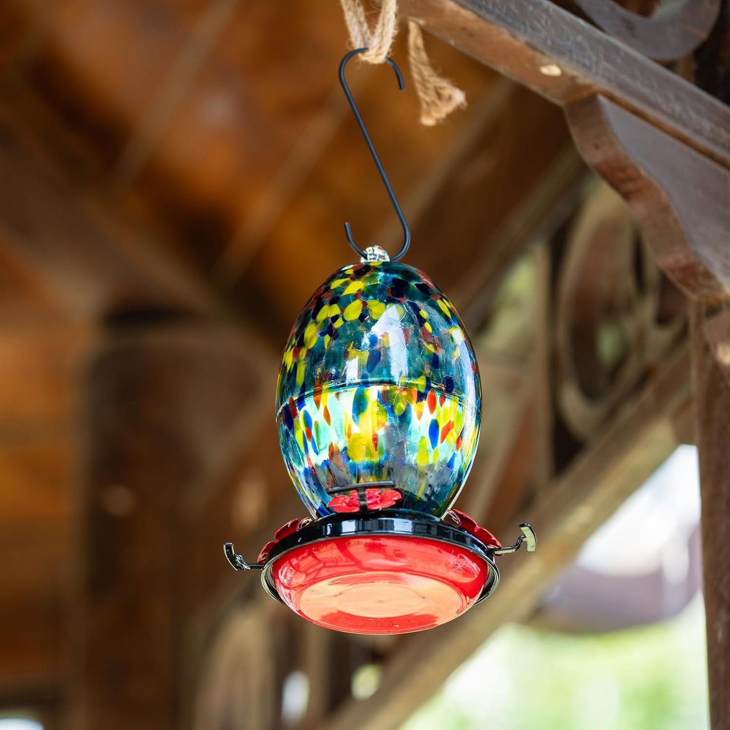 Muse Garden Glass Humming Bird Feeders for Outdoors - 27OZ Blown Glass Hummingbird Feeder - Unique Gift for Mom Women Grandparents, Outdoors Hanging Garden Decor, Ant Moat & Brush, Blue Polka Dots