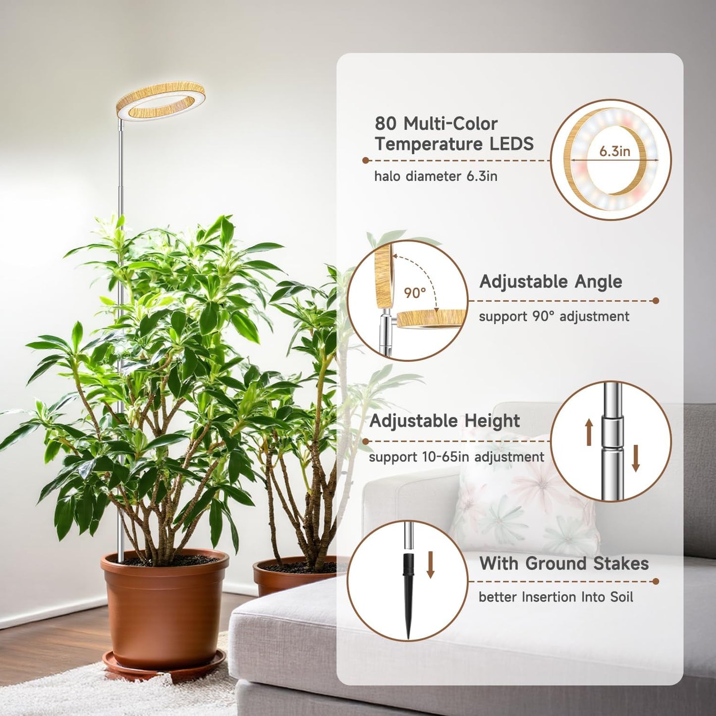 Grow Lights for Indoor Plants, Full Spectrum Plant Lights for Indoor Growing, Height Adjustable 10"-65" Faux Wood Grain Grow Lamp with 6/12/16H Timer, 3 Optional Spectrums, 5 Brightness