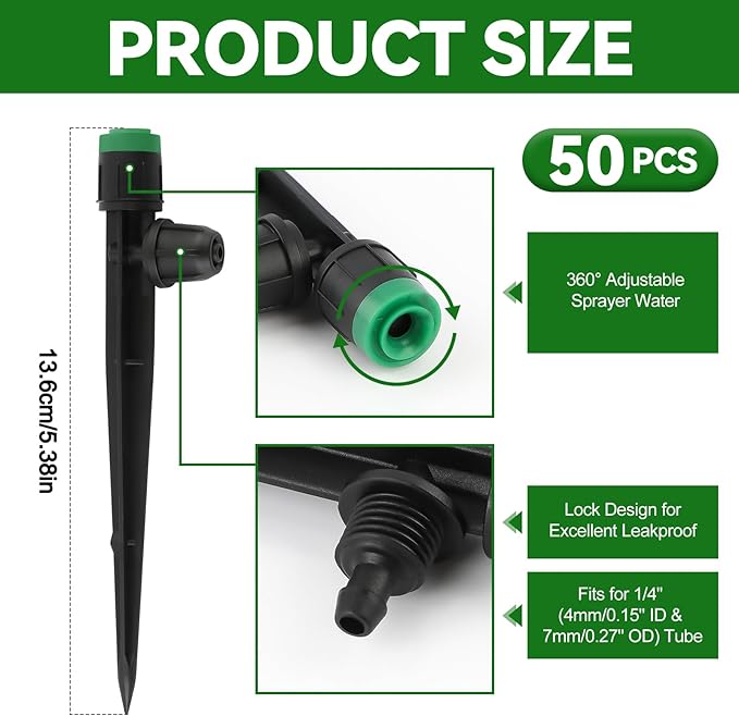 50PCS 1/4” Drip Irrigation Drippers with Lock, Kalolary Drip Irrigation Emitters for 4/7mm Tube, Adjustable 360 Degree Vortex Water Flow Sprayer Micro Spray Drip System Parts for Lawn Yard Pot (Green)