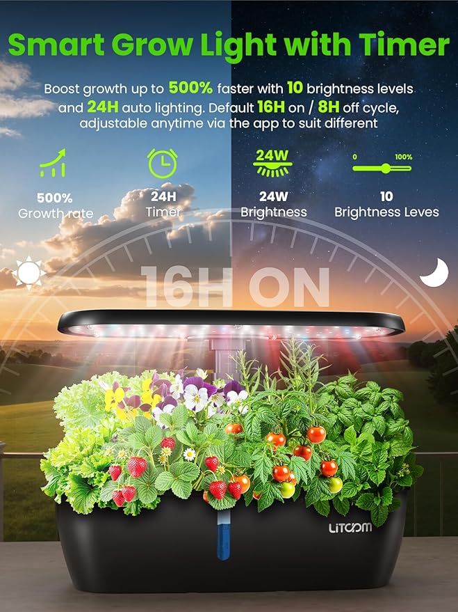 litokam Smart Hydroponics Growing System Kit with APP&WiFi Controlled, 15-Pod Indoor Herb Garden Planter with 2 Grow Modes, 24W Growing LED, Pump System, 24H Timer, Indoor Garden for Home