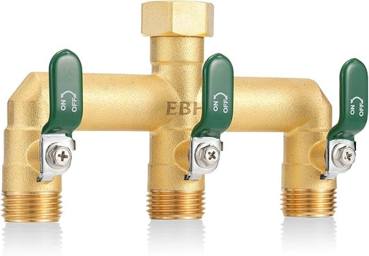 EBH Garden Hose Splitter, 3-Way High Flow Heavy Duty Brass Outdoor Hose Manifold with Long Handles Full Flow Faucet Adapter- 3/4” GHT(Green)