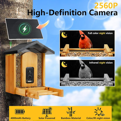 Smart Bird Feeder with Camera 2.5K HD Full Color Night Vision Outdoor Camera, Solar Panels AI recognizes 12,000 Bird Species, Bamboo Birdhouse, A Great Gift for mom and Nature Lovers