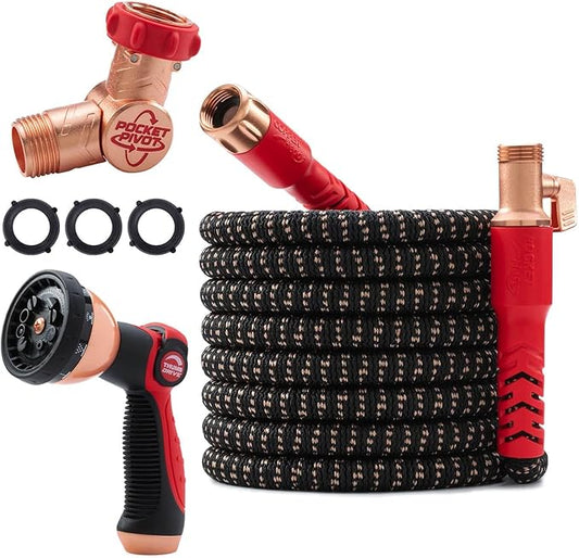 Pocket Hose Copper Head UV w/Pocket Pivot, Expandable Garden Hose 75 FT w/10 Pattern Thumb Sprayer, AS SEEN ON TV, 650psi 3/4in Ultra-Light Solid Copper Anodized Aluminum Fittings No-Kink No-Lead