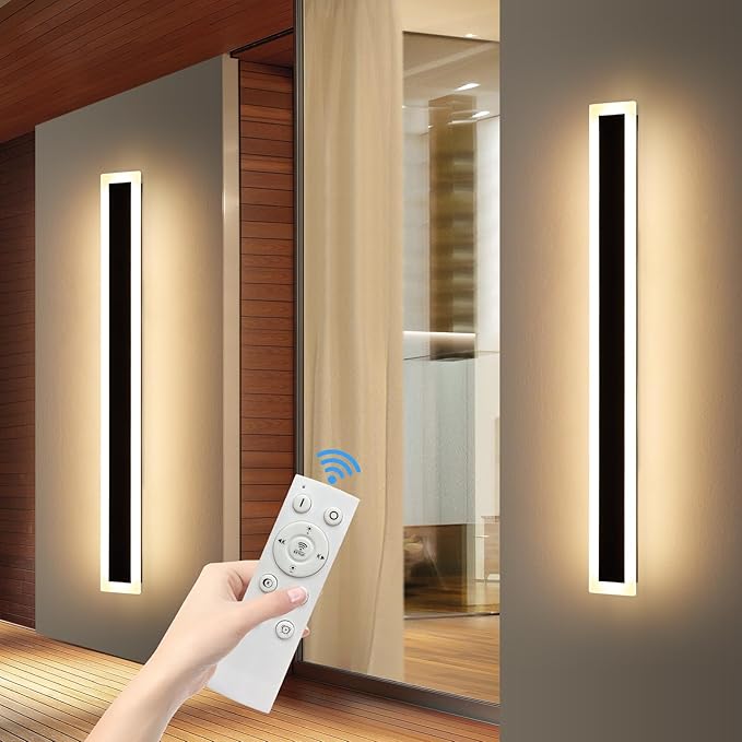 Upgrade Widened 2 Pack 57inch Long Modern Outdoor Wall Light, Dimmable 3000K-6000K, IP65 Waterproof Exterior Wall Sconces, 50W, Black LED Wall Mount Light for Home, Yard, Garden with Remote Control