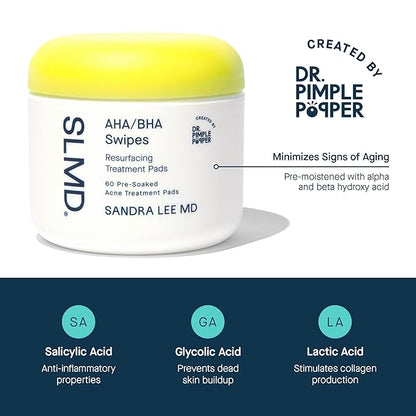 SLMD by Dr. Pimple Popper - AHA BHA Toner Pads Swipes, Salicylic Acid, Glycolic Acid & Lactic Acid - Daily Resurfacing Pads for Face & Body - Facial Exfoliating Resurface, Treat, and Prevent Acne