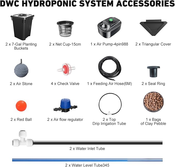 2 Buckets DWC Hydroponics Grow System with Top Drip Kit, 7 Gallon Deep Water Culture with Air Pump, Air Stone, Air Hose, Recirculating Drip Garden System